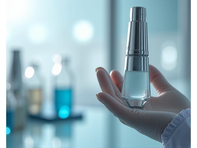 実験室のような清潔な空間で、先進的なパッケージのアンチエイジング美容液を持つ研究者の手元