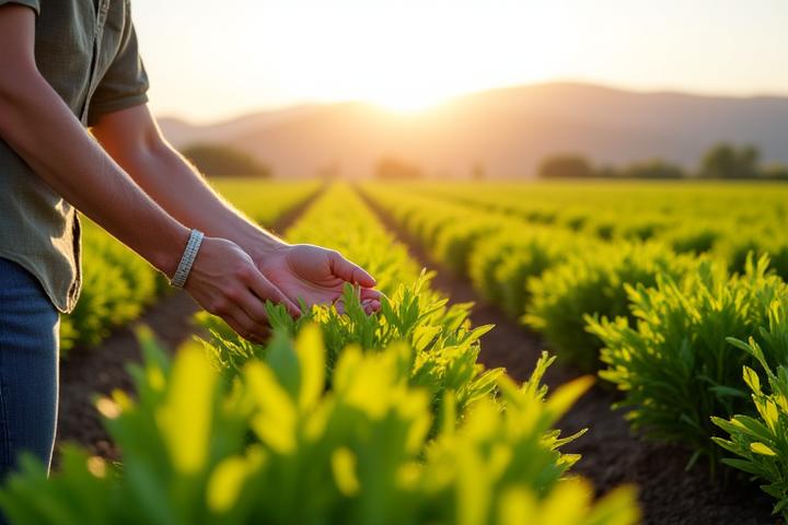 CO2排出量を50%削減した持続可能な農場を背景に、化粧品原料を手に微笑む研究者