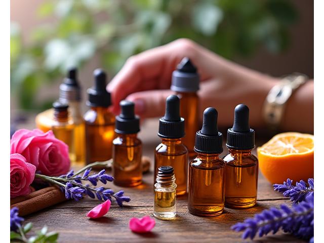 様々な色と香りのエッセンシャルオイル瓶が並べられたテーブル。参加者が香りを嗅ぎ分けている