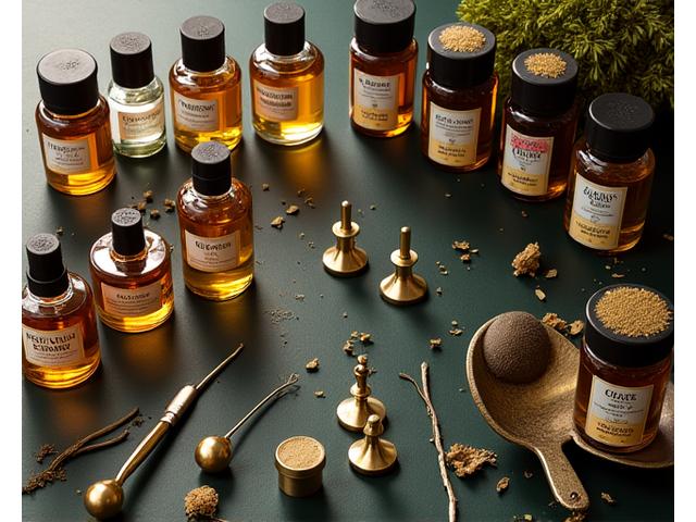 様々な天然香料の瓶と調香に必要な道具。専門コースでの精密な技術を表現する